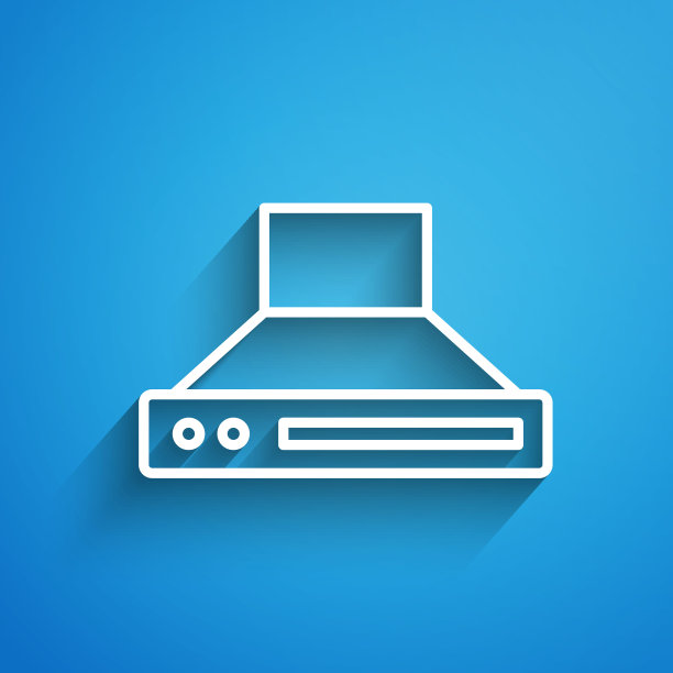 白线厨房抽风机图标孤立在蓝色背景。炊具罩。厨房排气。家用电器。长长的阴影。向量图片下载