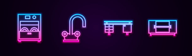 厨房洗碗机，水龙头，办公桌，电视台支架。发光的霓虹灯图标。向量图片下载