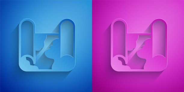 折叠地图图标孤立在蓝色和紫色的背景。纸艺术风格。向量图片下载