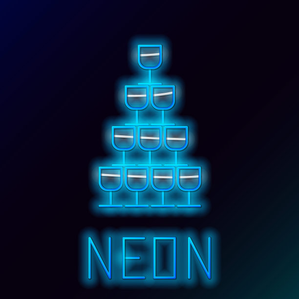 蓝色发光的霓虹灯线酒杯堆叠在金字塔塔图标孤立的黑色背景。葡萄酒杯的迹象。彩色轮廓概念。矢量图图片下载
