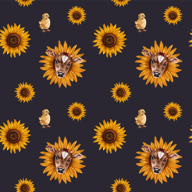 无缝手绘模式与小牛在向日葵和一只鸡。花卉背景用于纺织品、织物、横幅、包装纸等设计。深蓝色背景上的数字插图图片下载