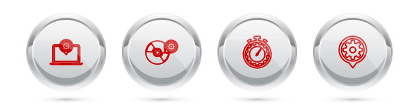设置线笔记本电脑设置，CD或DVD磁盘，时间管理和设置。银色圆圈按钮。向量图片下载