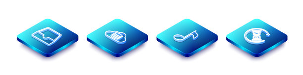 设置等距线社交媒体收件箱，云数据库，音乐音符，音调和等待图标。向量图片下载