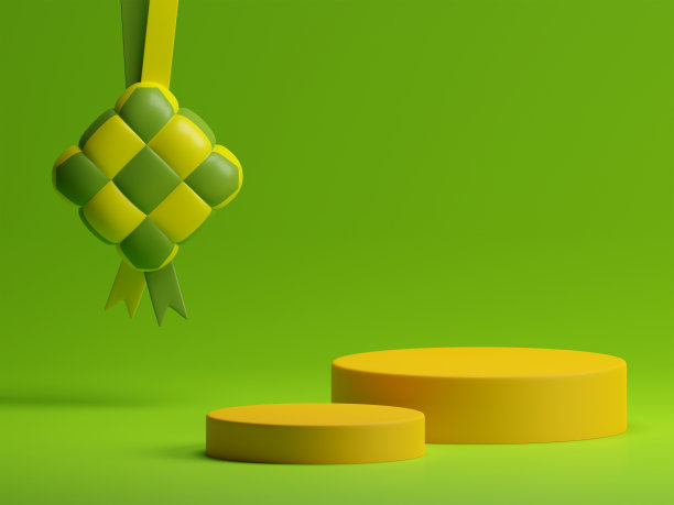 三维渲染哈吉斋月产品展示与ketupat绿色背景图片下载