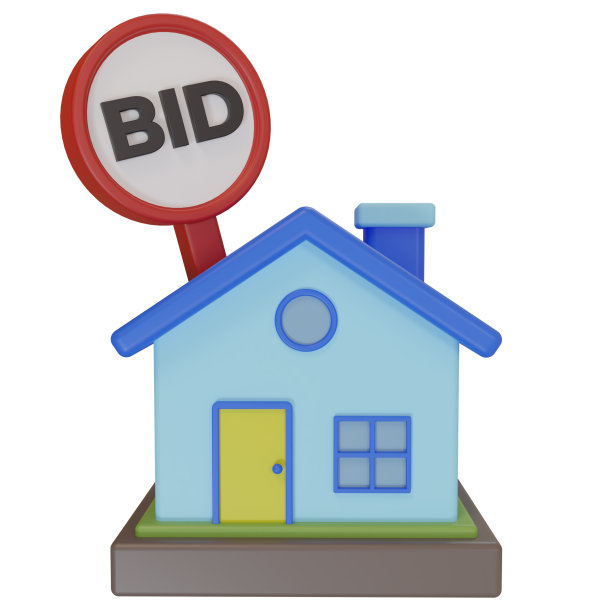 3 d渲染。极简风格的可爱房子图标和竞价公告牌。通过出价拍卖和出售房屋的插图图片下载