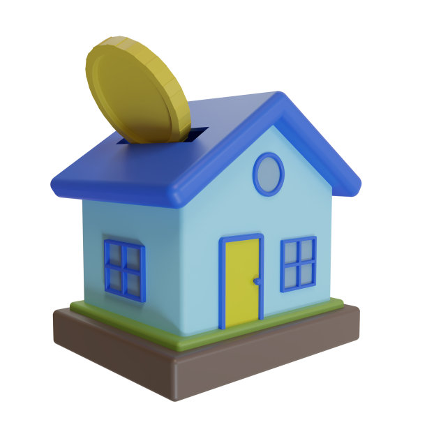 可爱的房子和硬币图标简约风格，3d渲染插图。贷款、住房投资和买房储蓄的概念图片下载