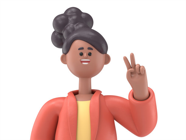 3D插图的微笑非裔美国妇女可可眨眼在相机做胜利的标志。二号人物。白色背景上的3D渲染。图片下载