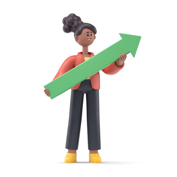 三维插图的微笑非裔美国妇女可可持有箭头指向右表明成功。白色背景上的3D渲染。图片下载
