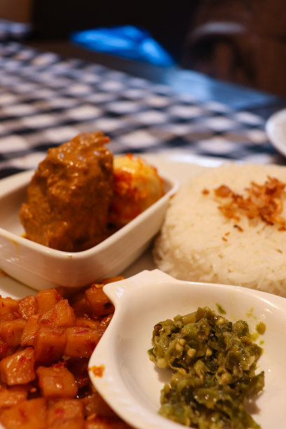 巴东尼亚美食，包括印尼的仁当、辣土豆、米饭、青辣椒和蔬菜咖喱汤图片下载