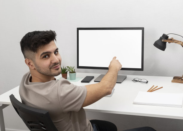 年轻人在家庭办公室的电脑前工作。教育。商业。电子商务图片下载