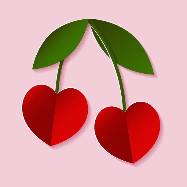 剪纸风格的樱桃心。几个浆果的插图。向量。图片下载