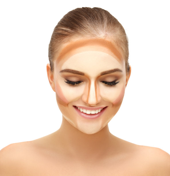 轮廓线。给女人化妆。轮廓和突出化妆。收集粉底液笔画在白色图片下载