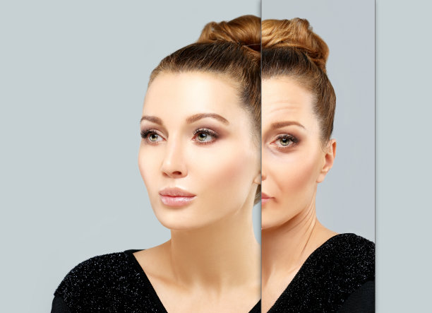 老化。成熟女人，年轻女人。面对皮肤问题。显示前后的照片图片下载
