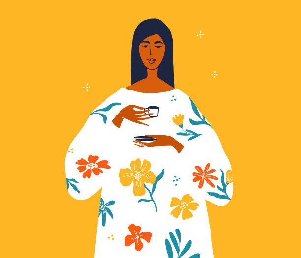 矢量插图的自我护理例行公事，早上喝与美丽的女人在白色花裙子手里拿着小杯咖啡或茶图片下载