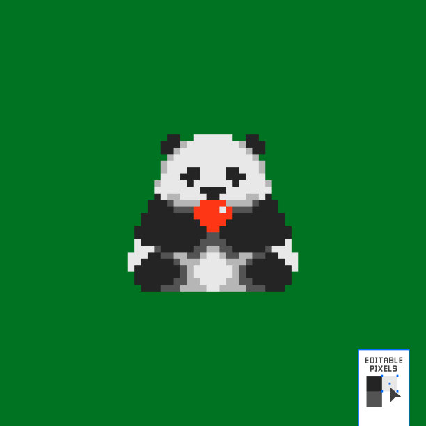 可爱的像素艺术熊猫，心和熊猫坠入爱河。8位像素熊猫，绿色背景。矢量插图。孤立的物体，熊的符号图片下载