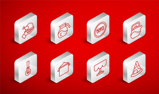 集线披萨片，咖啡壶，厕所，水壶与处理，木桌，烤火鸡或鸡肉，烹饪和披萨刀图标。向量图片下载