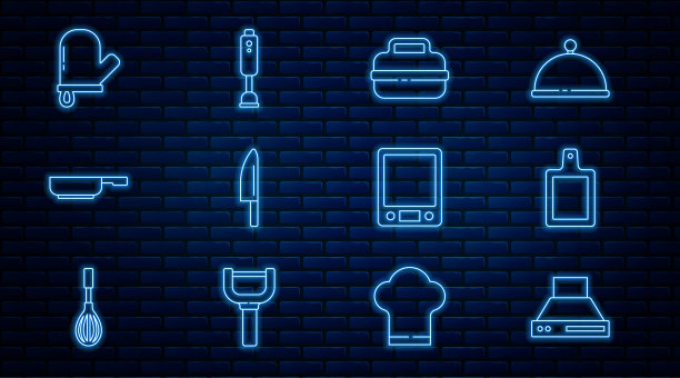 设置线厨房抽风机，砧板，烹饪锅，刀，煎锅，烤箱手套，电子秤和搅拌机图标。向量图片下载