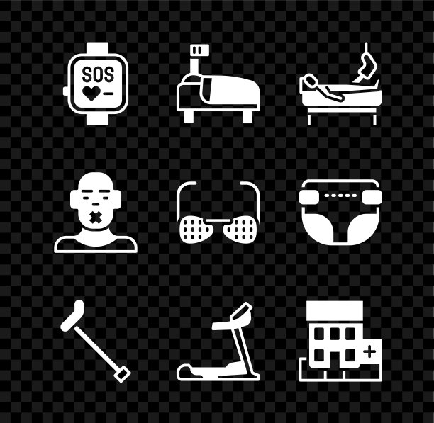 设置智能手表，医院病床，断腿病人，手杖，跑步机，医疗医院大楼，聋哑和盲人眼镜图标的头。向量图片下载