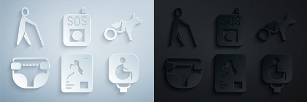 设置x光镜头，狗在轮椅上，成人尿布，残疾人，按下SOS按钮和盲人握杆图标。向量图片下载