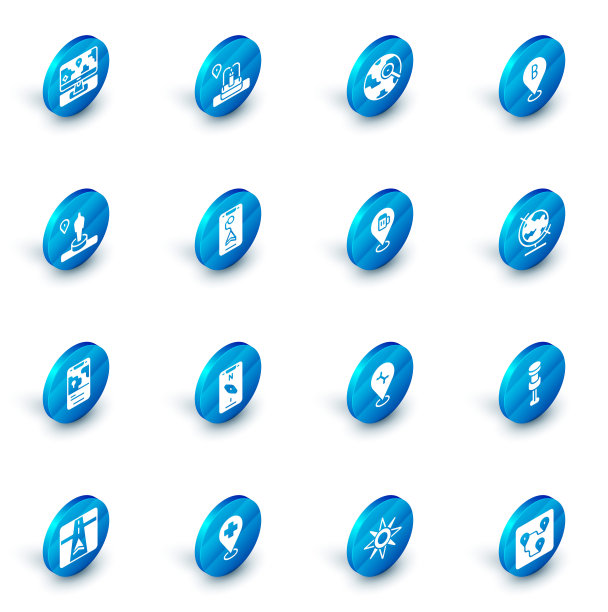 设置位置与喷泉，放大镜地球仪，和纪念碑，城市地图导航，地球和酒精或啤酒酒吧的位置图标。向量图片下载