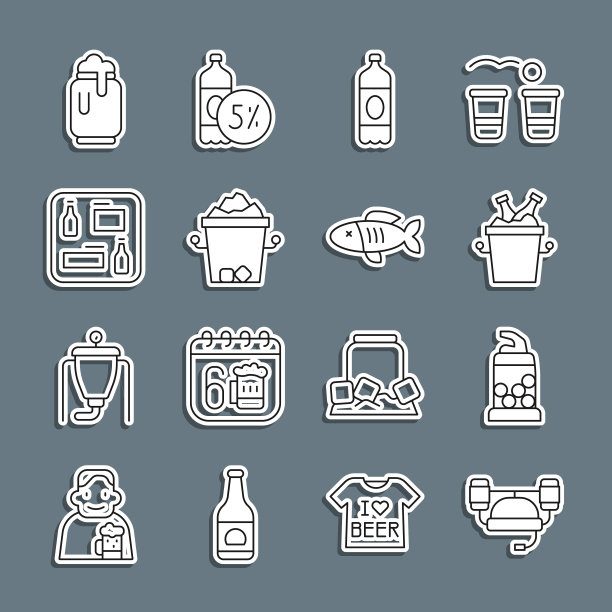 套装啤酒头盔，开瓶器，冰桶瓶，塑料啤酒，冰，菜单，罐头与泡沫和干鱼图标。向量图片下载