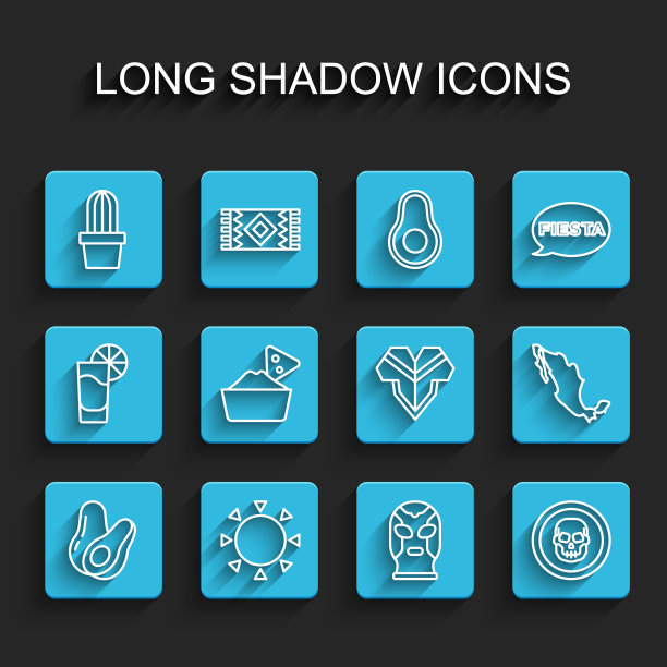 设定线鳄梨水果，太阳，仙人掌或多汁的锅，墨西哥摔跤手，头骨硬币，玉米片碗，墨西哥地图和雨披图标。向量图片下载