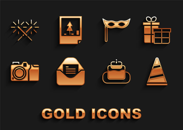 集圣诞派对邀请卡，礼盒，派对帽子，蛋糕，相机，节日面具，烟花和明信片图标。向量图片下载