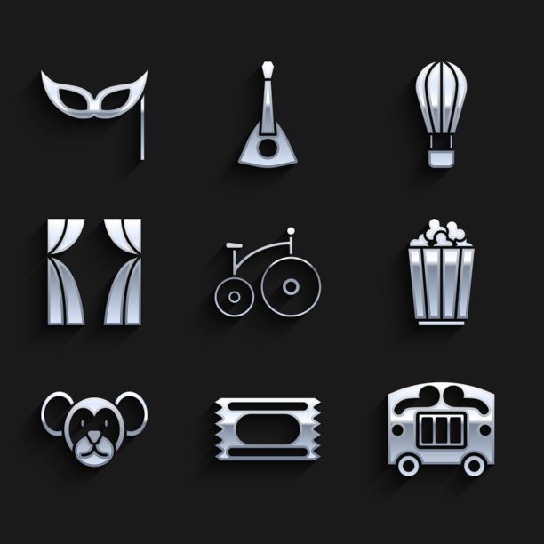 集古董自行车，马戏团票，马车，爆米花盒，猴子，窗帘升起，热气球和节日面具图标。向量图片下载
