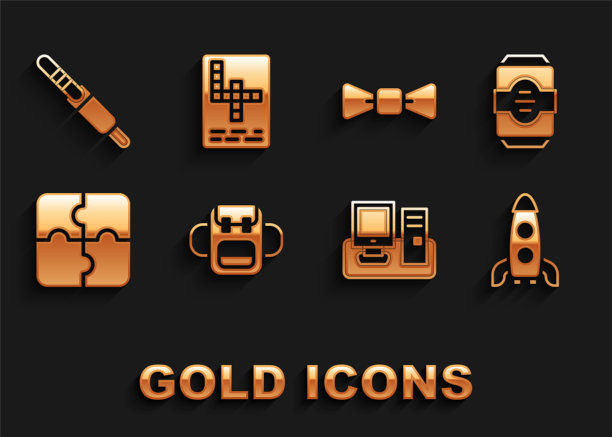 设置学校背包，能量饮料，火箭飞船，显示器与键盘，一块拼图，领结，音频插孔和填字游戏图标。向量图片下载