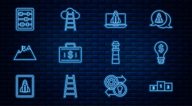 设置线商业讲台，灯泡与美元，启动项目概念，公文包和钱，山旗，算盘，灯塔和楼梯完成图标。向量图片下载