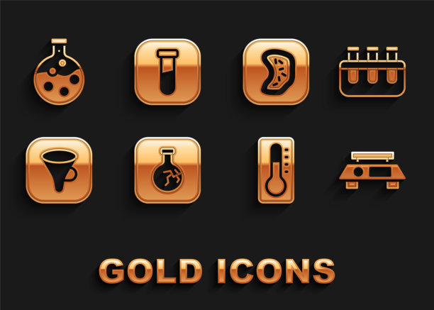 设置破裂烧瓶、试管和、电子秤、医用温度计、漏斗或过滤器、细菌和图标。向量图片下载