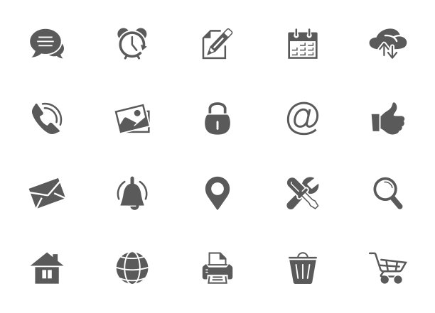 简单的黑色矢量图标集。包含互联网、邮件、联系方式、电话、时钟等图标图片下载