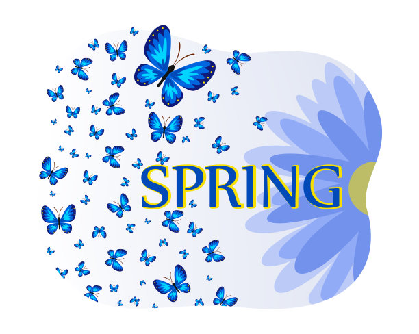 字春与蓝色蝴蝶和花卉矢量插图图片下载