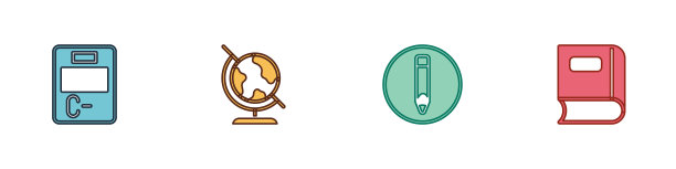 设置试卷错误答案，地球仪，铅笔和书的图标。向量图片下载