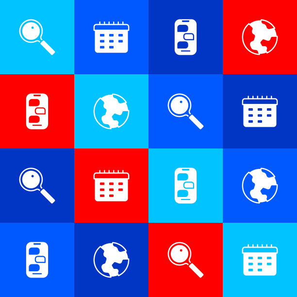 设置放大镜，学校时间表，新的聊天消息通知和地球地球仪图标。向量图片下载