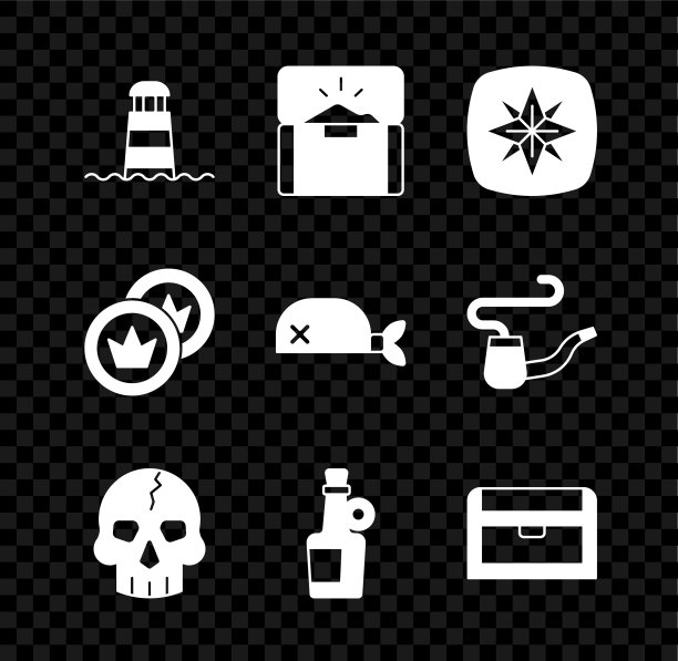 设置灯塔，古董宝箱，风玫瑰，骷髅，酒精饮料朗姆酒，海盗硬币和大手帕为头部图标。向量图片下载