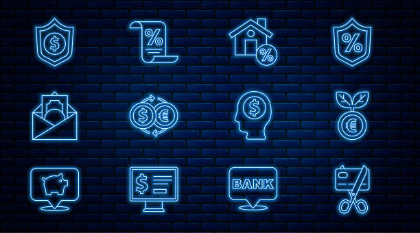 设置线剪信用卡，欧洲工厂，房子与折扣，货币兑换，信封美元符号，盾牌，商人计划头脑和金融文件图标。向量图片下载