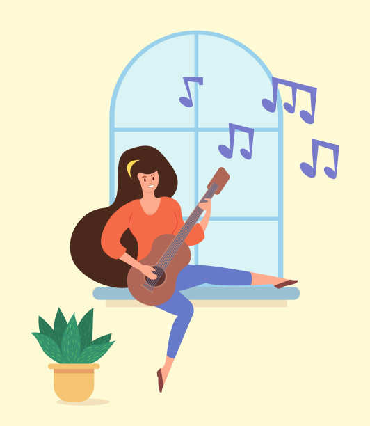 年轻女子玩吉他矢量插图图片下载