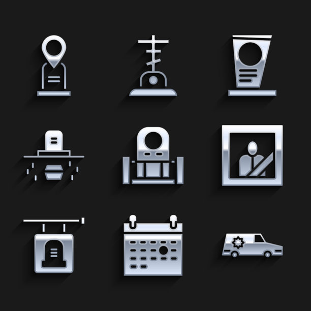 设置墓碑墓，日历死亡，灵车，哀悼相框，招牌，棺材，和位置墓图标。向量图片下载