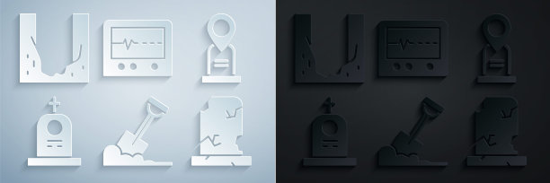 设置铲在地面，位置墓，墓碑墓，老，打死监视器和墓地挖洞图标。向量图片下载