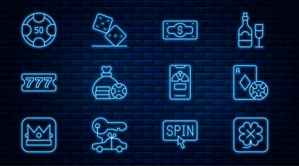 集行赌场老虎机，筹码和扑克牌，堆栈纸钱现金，钱袋，彩票，筹码，幸运轮电话和游戏骰子图标。向量图片下载