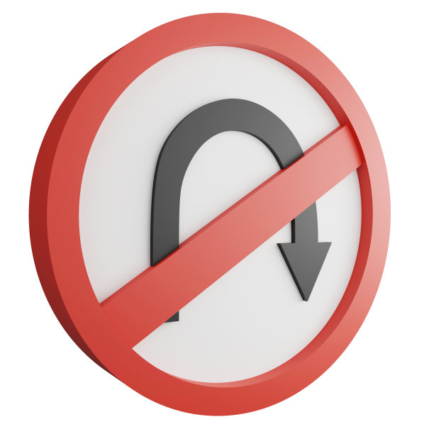 3D渲染没有U(右)转标志图标隔离在白色背景，红色强制标志图片下载