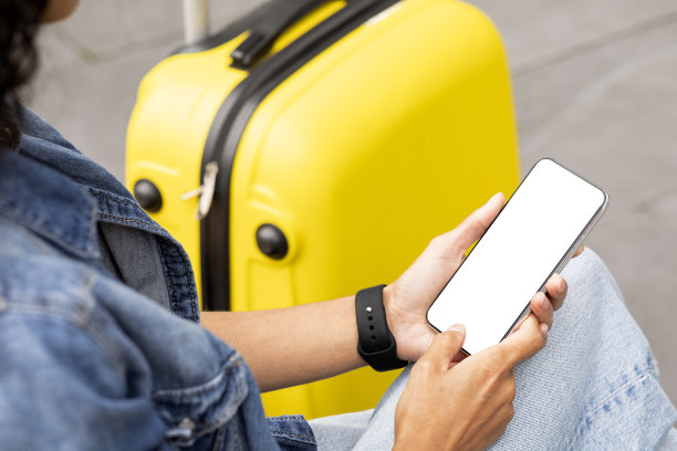 不认识的女士坐在长凳上，拿着行李箱，用智能手机图片下载