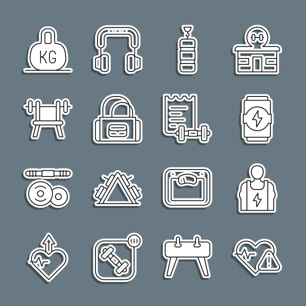 设定线心率，健美，能量饮料，沙袋，运动，长凳与杠铃，重量和训练计划图标。向量图片下载