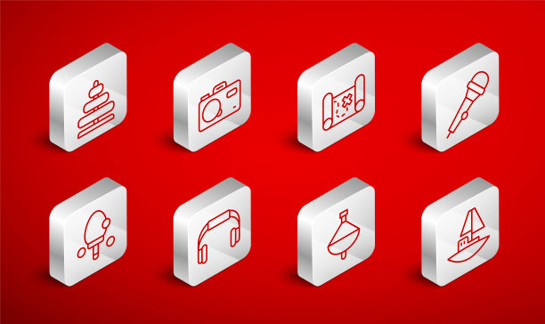 设定线玩具船，照相相机，海盗藏宝图，麦克风，旋转玩具，金字塔，耳机和球拍图标。向量图片下载