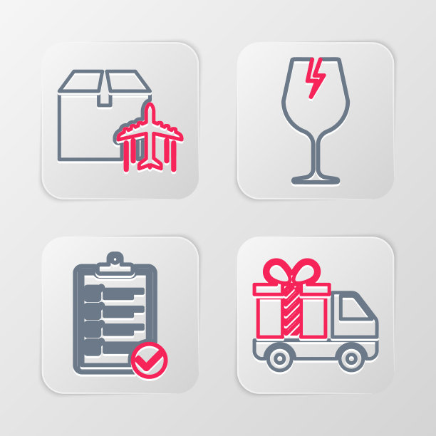 设置线送礼物卡车，送货清单，易碎玻璃和飞机和纸箱图标。向量图片下载