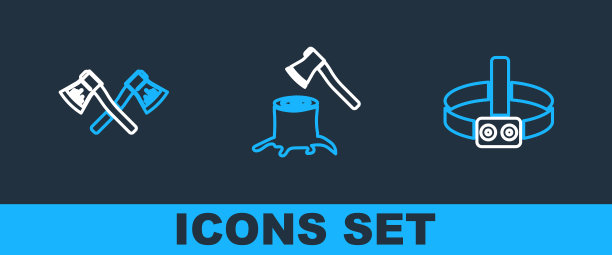 设置线头手电筒，交叉木斧和木在残桩图标。向量图片下载