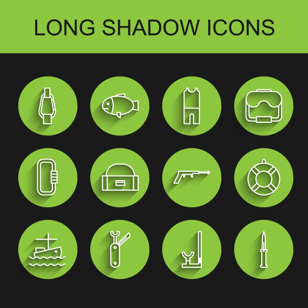 集线渔船水上，瑞士军刀，钩，浮管，军队，箱子容器摆动，救生圈和鱼叉图标。向量图片下载