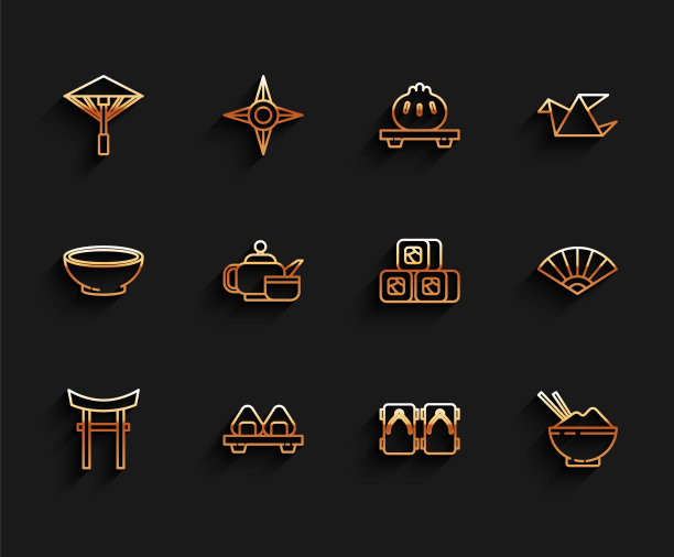 设置日本门，寿司在砧板上，日本伞从太阳，得到传统的鞋子，饭碗与筷子，茶道，纸中国或日本折扇和图标。向量图片下载