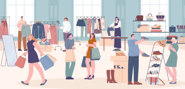 跳蚤市场或二手店的人。时尚男人女人在精品店，设计师服装市场。旧货甩卖，复古零售和活泼的矢量购物者图片下载